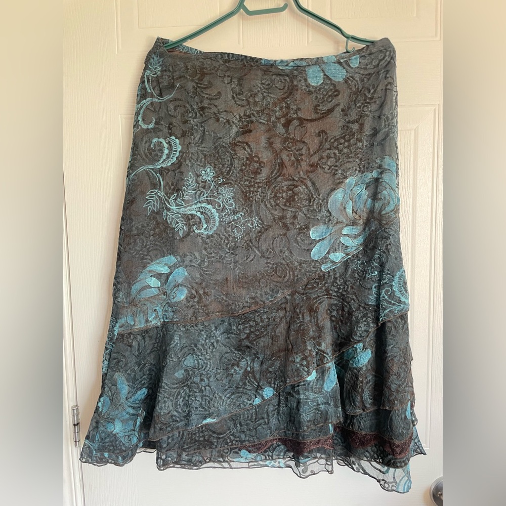 Floral Chiffon Ruffle Skirt Brown Teal S8 - Picture 3 of 15